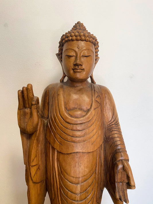 Statue Bouddha debout en bois de suar - Artisanat indonésien