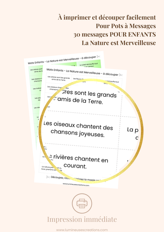 Messages positifs - 30 phrases POUR ENFANTS - LA NATURE EST MERVEILLEUSE à imprimer