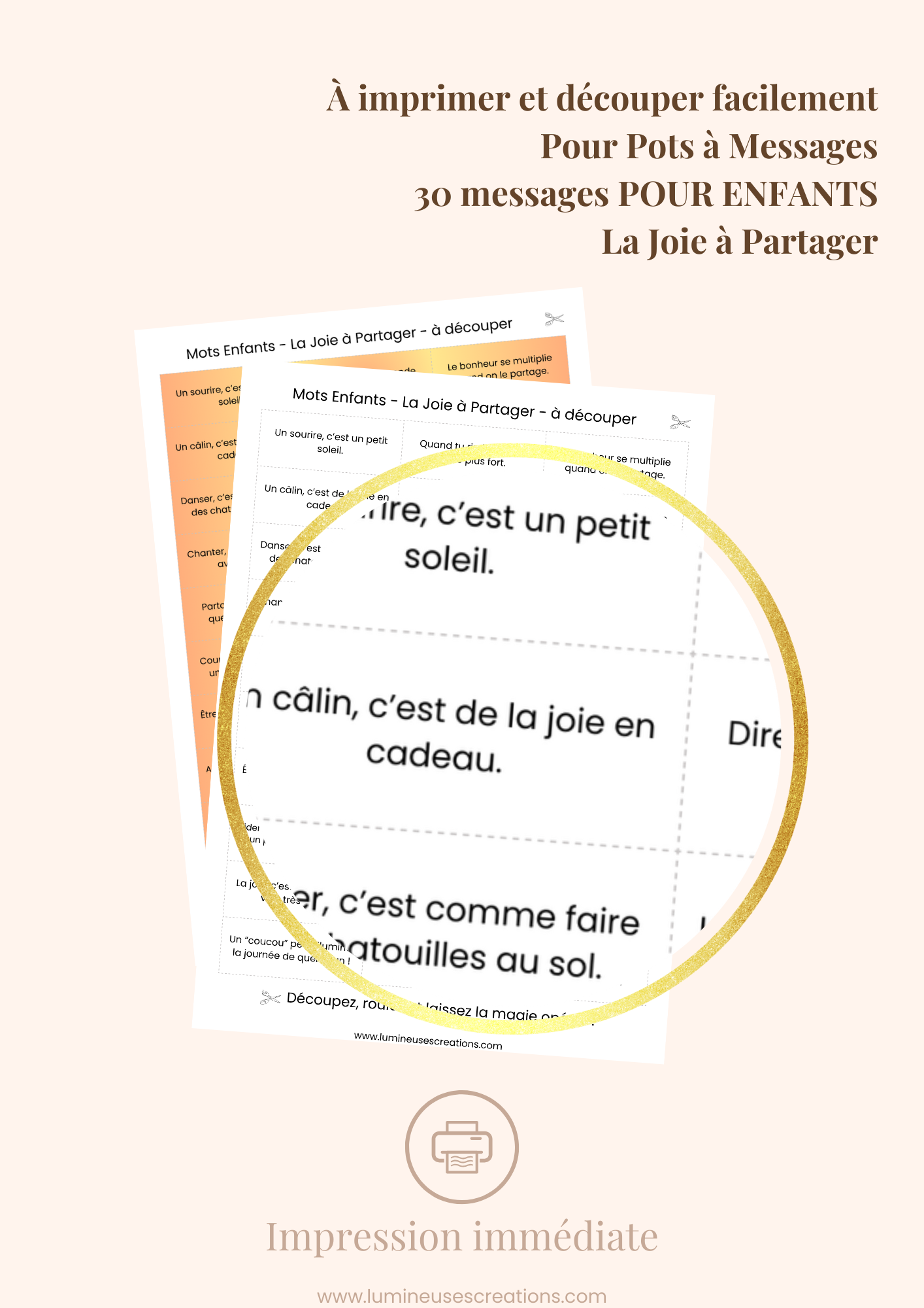 Messages positifs - 30 phrases POUR ENFANTS - LA JOIE À PARTAGER à imprimer