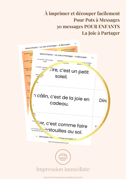 Messages positifs - 30 phrases POUR ENFANTS - LA JOIE À PARTAGER à imprimer
