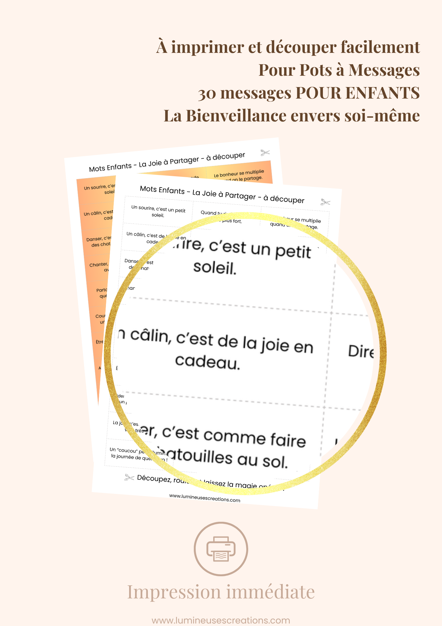 Messages positifs - 30 phrases POUR ENFANTS - LA BIENVEILLANCE ENVERS SOI-MÊME à imprimer