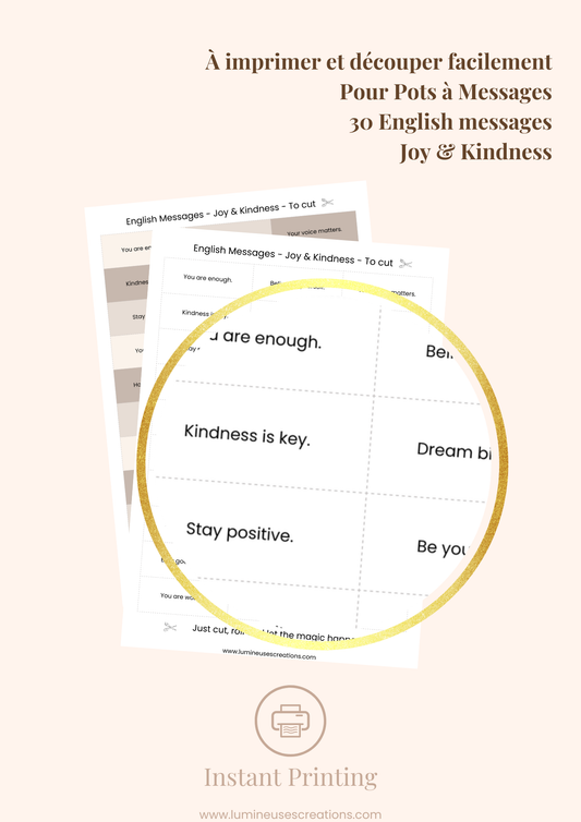 Messages positifs - 30 ENGLISH messages JOY & KINDNESS  à imprimer