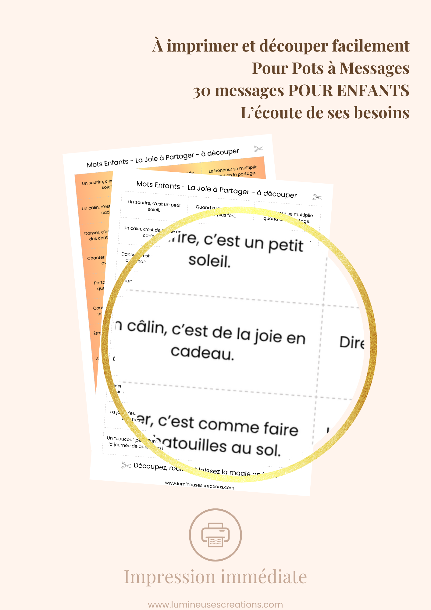 Messages positifs - 30 phrases POUR ENFANTS - L'ÉCOUTE DE SES BESOINS à imprimer
