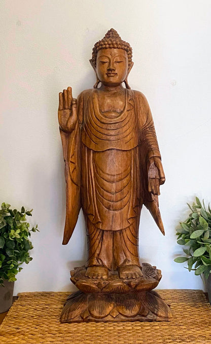 Statue Bouddha debout en bois de suar – Artisanat indonésien