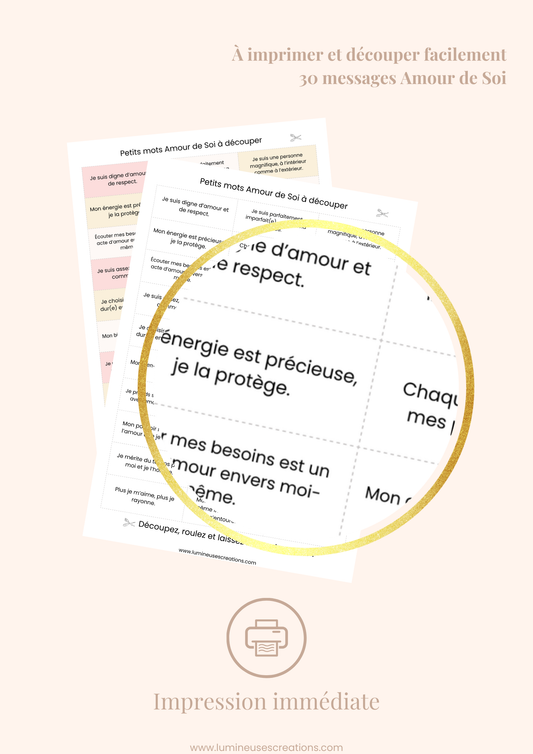 Messages positifs - 30 phrases AMOUR DE SOI à imprimer