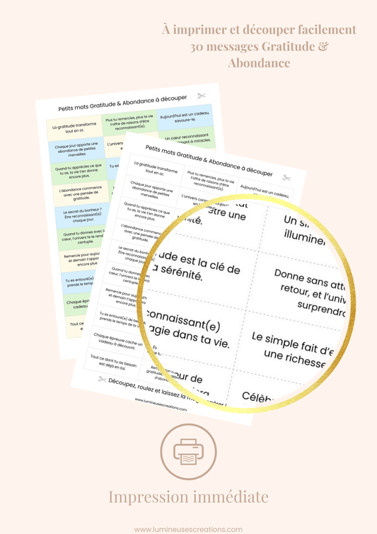 Messages positifs - 30 phrases GRATITUDE & ABONDANCE à imprimer